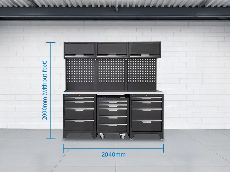 SGS 9pc Garage Storage System | 13 Drawers | Stainless Steel Worktop | Roller Cabinet | 3x Upper Cabinets